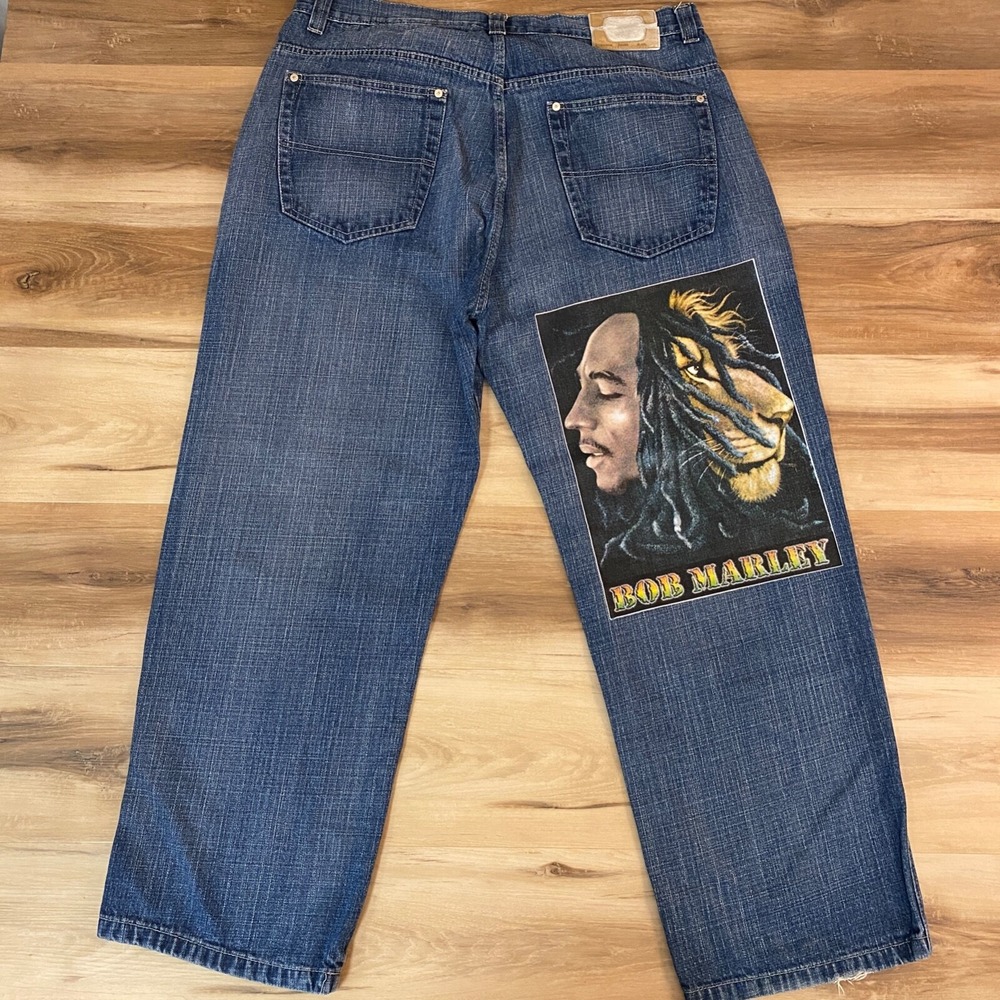 Cybertek Bob Marley Graphic Jeans 42x32 Reggae Wide Leg Denim Blue Vintage Style